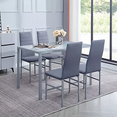 47  Gray Marble Glass Dining Table & 4pcs Gray Faux Leather Dining Chairs Set • $218.49