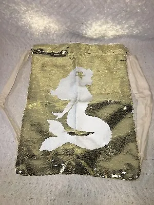 Jax & Olivia Drawstring Gold/White Reversible Sequin Mermaid Canvas Backpack Bag • $2.99