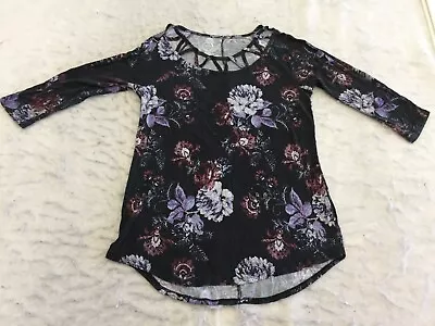 Maurices 24/7 Shirt Womens S Small Black Floral 3/4 Sleeve Scoop Neck Strappy • $2.80