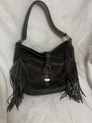 G.I.L.I. Dark Gray Pebble Leather Stirrup Fringe Hobo Shoulder Bag Purse • $31