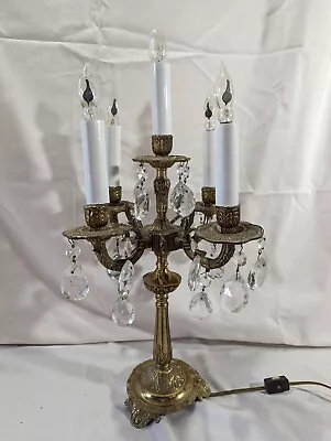 Vintage 5 Light Brass Electric Candelabra Table Lamp Light With Hanging Crystals • $164.99