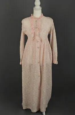 VTG Women's 60s 70s White & Pink Lace Maxi Dress Sz M 1960s 1970s Empire Waist  • $59.99