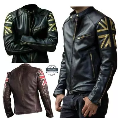 Men’s Motorcycle Cafe Racer Union Jack UK Flag Jack Black Real Leather Jacket • £78.88