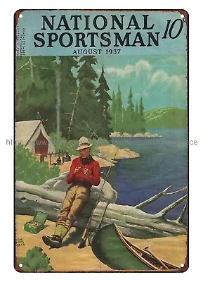 $18.92 • Buy Bar Signs 1937 National Sportsman Cover Art Fishing Cabin Metal Tin Sign