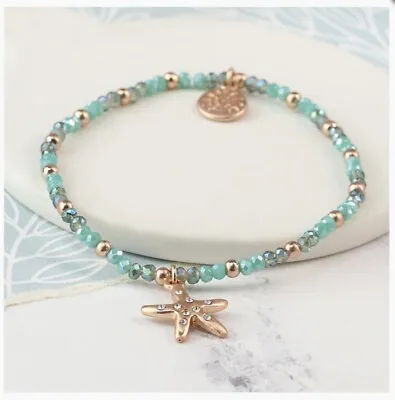 POM Aqua Bead And Rose Gold Starfish Charm Bracelet - Free Gift Bag • £12.99