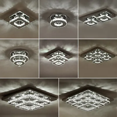 Ceiling Square/Round Lighting LED Crystal Pendant Chandelier Flush Bedroom Light • £13.99