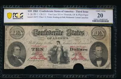 AC T-26 $10 1861 Confederate CSA PCGS 20 Cutout Cancelled • $149