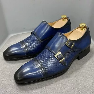 Bespoke Dress Shoes Blue And Black Shaded Leather Toe Cap Double Monk Shoes • $189.99