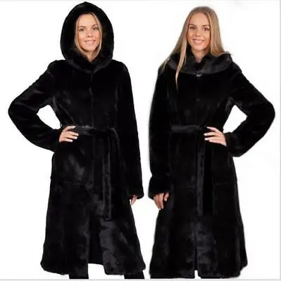 Women's Genuine Mink Fur Long Coats Hooded Lapel Collar Winter Thicken Plus Size • $249.99