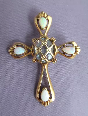 Vintage Fm84 Franklin Mint 14k Yellow Gold Lattice Aquamarine Opal Cross Pendant • $429.99