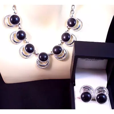 Sarah Coventry Black Cab Adjustable Necklace Earring Set Retro Vintage Jewelry • $25