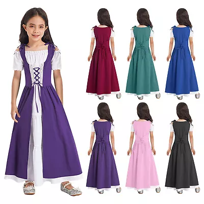 Kids Girls Renaissance Costume Princess Vintage Gothic Off Shoulder Maxi Dress • $21.33