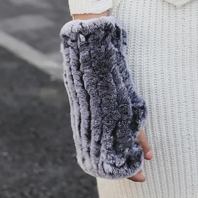 Womens Winter Real Rabbit Fur Golves Knitted Stretch Fingerless Mitten Gloves -1 • $17