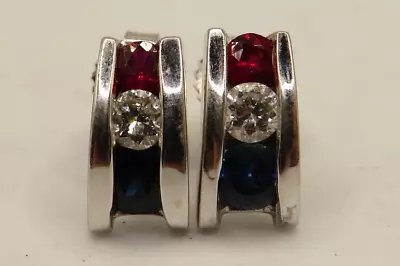 14K WHITE GOLD EARRINGS W 2 RBC DIAMONDS 2 SAPPHIRES & 2 RUBIES • $224.83