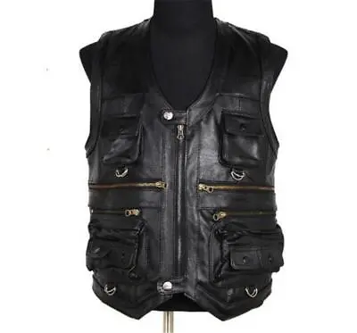 Mens Punk Vest Jacket Multi-pocketed Motor Biker Zipper Faux Leather Waistcoat • $55.17