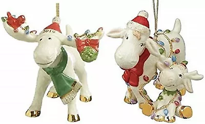 $170 • Buy Lenox Moose Family Ornaments (2) Marcel Marcie & Baby Under Mistletoe 2019 NEW