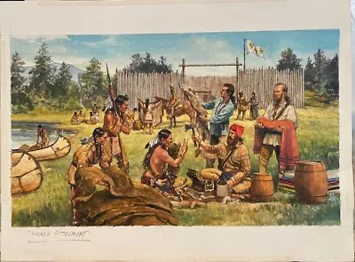 Original Oil Painting Of Trade Between French Trappers And Native Americans • $170
