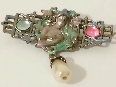 Vtg Silver Tone Enamel With Glass Stones And Faux Pearl Fairy Mermaid Brooch   • $28.18