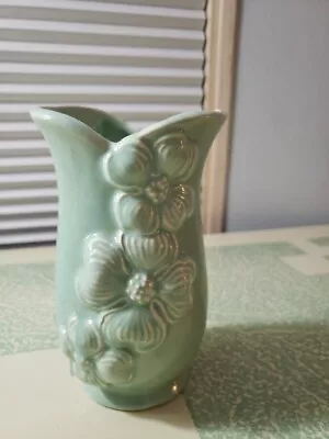 McCoy Brush #667 Pottery Vase Raised Dogwood Flowers 8  Seafoam Green 6.25  Tall • $31.34