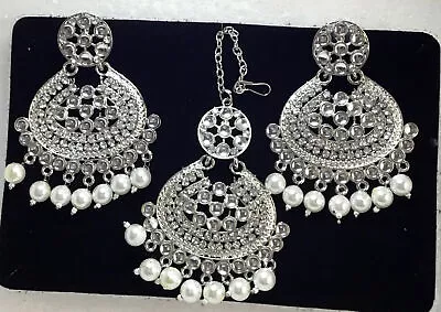 New Bridal Maang Tikka Earrings Set Pearl Kundan Pearl CZ Silver Indian Jewelry • $23.64