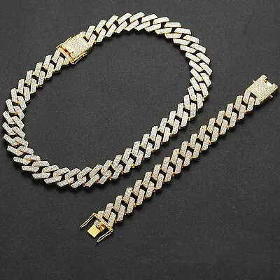 12MM 14k Gold Plated Iced CZ Out Miami Cuban Link Bracelet Chain Set For Men • $30.35