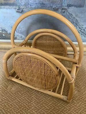 Vintage Bamboo Rattan Cane Magazine Rack Vinyl Record Holder Storage Basket • £10