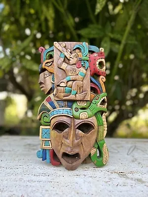 Hand Carved Wood Mayan Mask Warrior Pyramid Artwork Chichén Itza Jaguar Snake  • $150