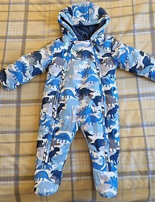 M&s Hooded Dinosaur Snowsuit All In One Blue Worn Once Age 9-12 Months Look • £8.49
