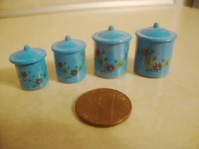 Vintage Miniature Dollhouse Kitchen Canister Set 4 Matching Blue Flowers W Lids! • $10