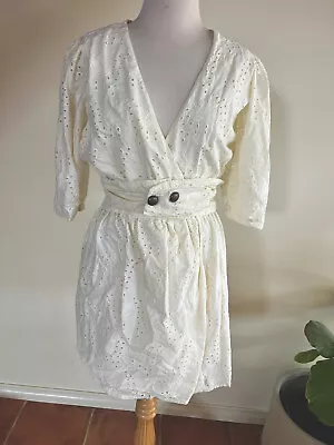 Tigerlily Size 10 Broderie Anglais Short Belted Summer Dress Neive Ana Wrap Mini • $9