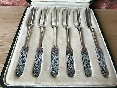 Superb 1934 Art Deco Liberty & Co Silver Set Of Enamelled Seafood Forks & Box • £795