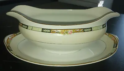 Noritake Nippon Gravy Boat + Attached Underplate Roses Green Black Band Art Decf • $14.95