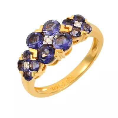 Ivy Gems Gold Plated Sterling Silver Iolite And Diamond Ditsy Flower Ring Size P • £22.99