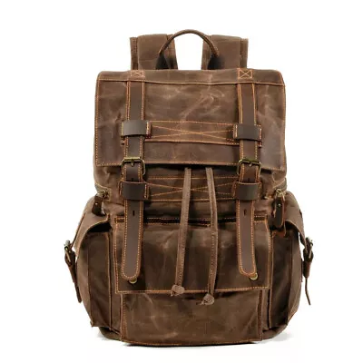 Vintage Men Large Military Oiled Leather Canvas Backpacks Bags Laptop Duffel Bag • $90.68