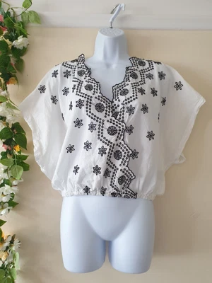 £16.99 • Buy Vintage RETRO White Blue M L 10 12 14 MILKMAID Peasant Gypsy Top Cotton Dirndl 