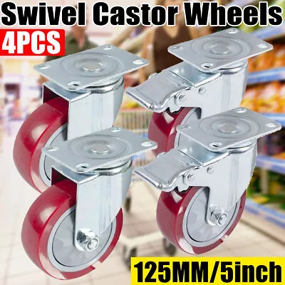 4X 5  Heavy Duty PU Swivel Castor Wheels 800KG Trolley Furniture Caster 2 Brake • $29.99