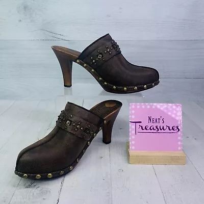 Pelle Moda Women Brown Leather Studded Wooden Heel Slip On Mule Clogs Size 7.5 M • $33.99