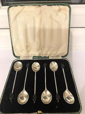 SIX SOLID SILVER 1935 James Dixon Sheffield Coffee Bean Spoons In Original Box • £35