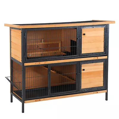 PawHut 2-Story Wooden Metal Rabbit Hutch Bunny Cage W/ Ramp Feeding Trough • £149.99