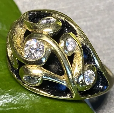 18K Yellow Gold Diamond Black Enamel Vintage Ring 5 Fine Jewelry Estate Unique • $1500