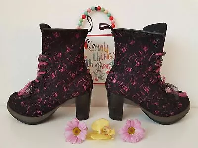 Dr Martens Diva Darcie Black Pink Heel Lace Fabric Court Boots UK 4 EU 37 US 6 • £169