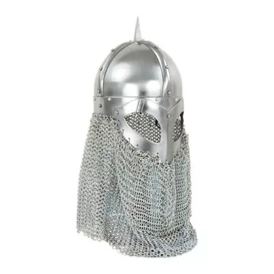 Medieval Ancient Warrior Battle Helmet In Steel Finish With Chainmail Curtain. • $130