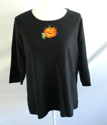 Quacker Factory Women's Black 3/4 Sleeve Embroidered Pumpkin Shirt Size M. • $18.99