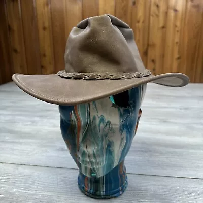 Minnetonka Hat Small Light Brown Leather The Fold Up Hat Outback Safari Dundee • $20.51