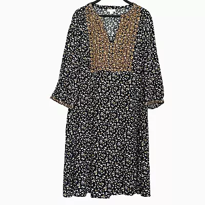 J Jill Womens L Boho Dress Embroidered Floral V Neck 3/4 Sleeve Dark Navy Gold • $22.39