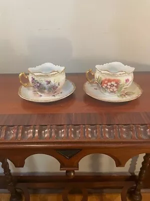 Mustache Tea Cups- Quantity Two- Left-Handed; Gold Trim; With Saucers • $39.50