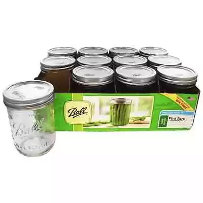 Ball Glass Mason Jars With Lids & Bands Wide Mouth Clear 16 Oz 12 Count • $17.99