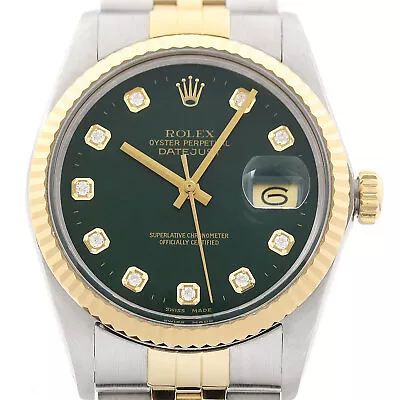 Rolex Mens Datejust 16013 18K Gold Steel Green Diamond Dial Watch W/ Rolex Band • $5995