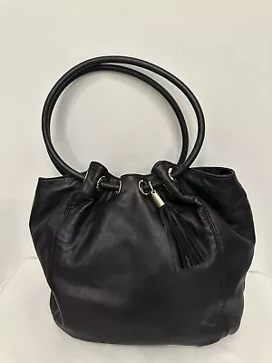 Michael Kors Black Soft Leather Ring Tassel Gold Tone Charm Hobo Shoulder Bag • $19.99
