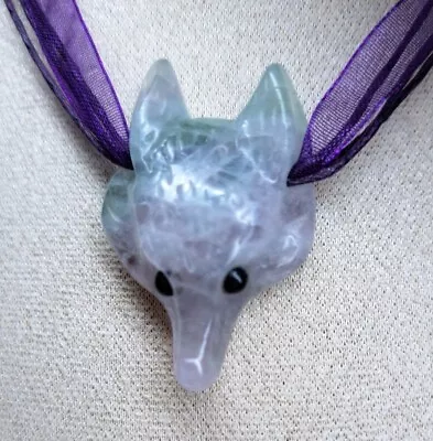 Beautiful Rainbow Fluorite Crystal Wolf Head Hand Carved Pendant Necklace Gift • £13.99